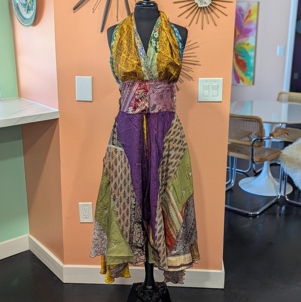 Bohenian Jack Pot Silk Multicolor Patchwork Halter Dress Maxi Festival - Picture 2 of 16
